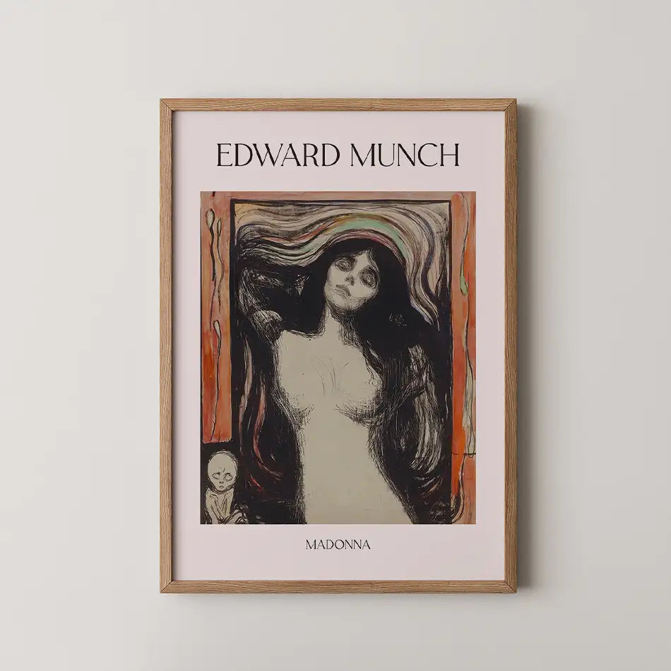 Framed poster of Edward Munch's painting "Madonna" featuring a woman with long hair and a haunting expression against a colorful abstract background.