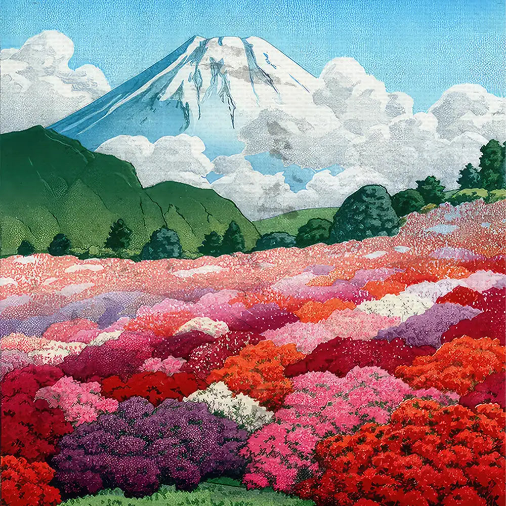 Vibrant landscape painting featuring a snow-capped mountain in the background and a colorful field of flowers in various shades of pink, red, and purple under a clear blue sky.