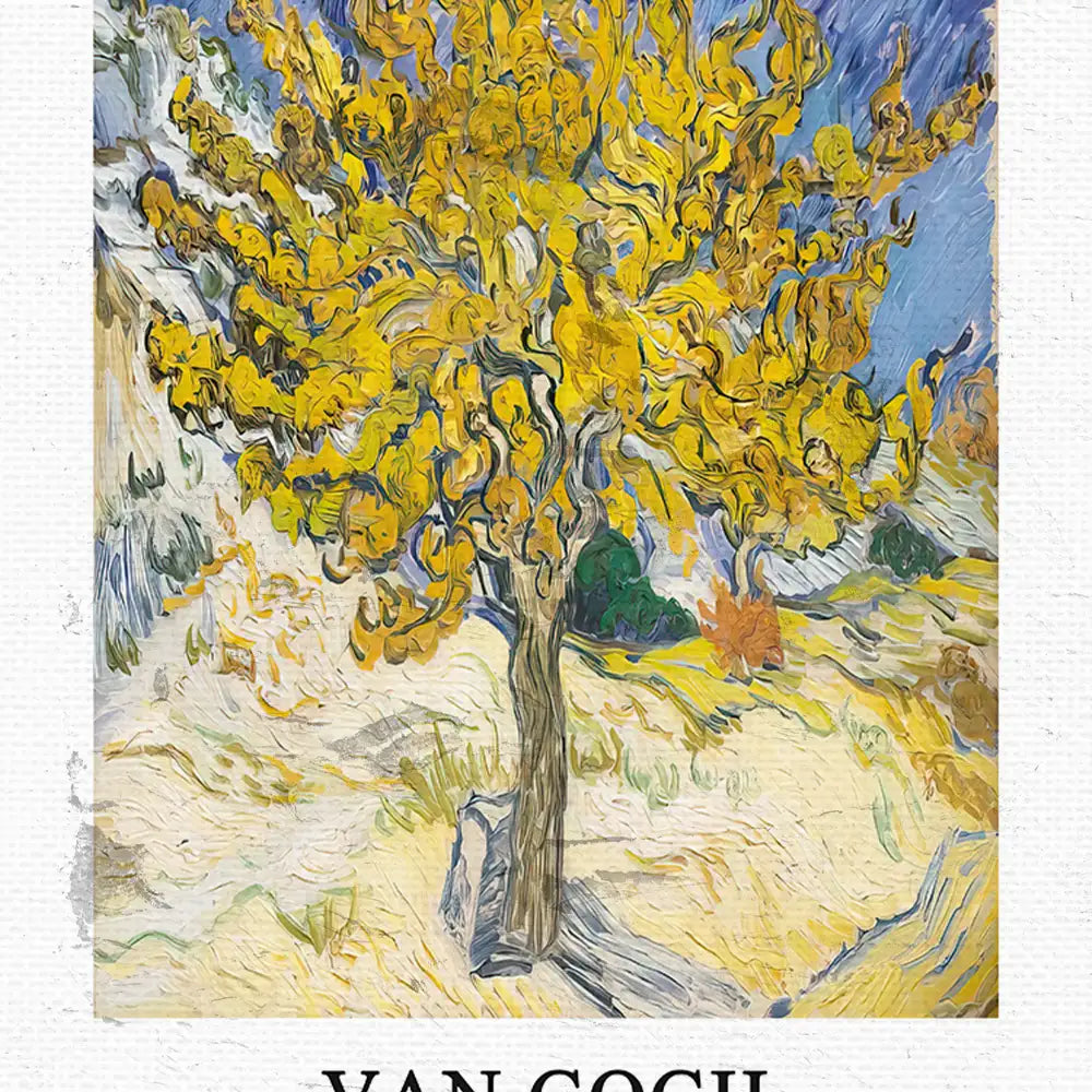 Painting of a vibrant yellow tree with swirling branches and a textured background, attributed to Van Gogh.