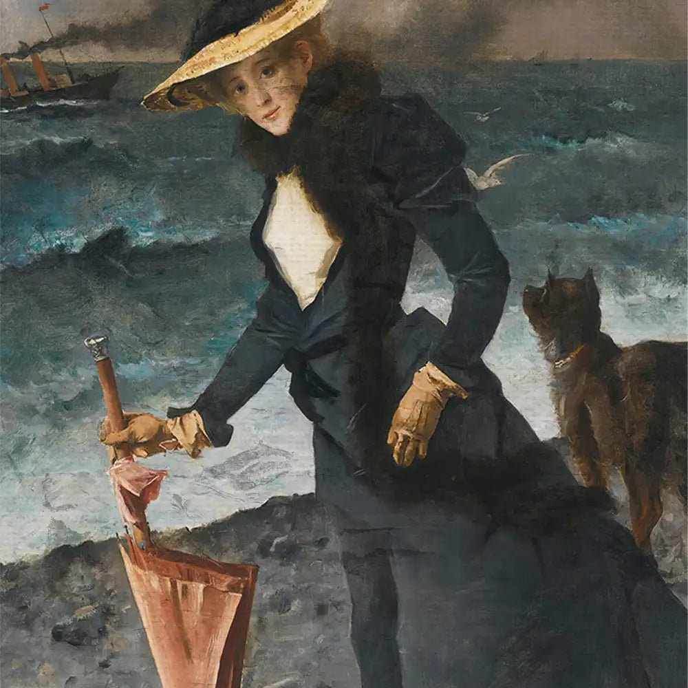 A woman in an elegant black dress holding an umbrella, standing by the seaside with a dog beside her and ships in the background.