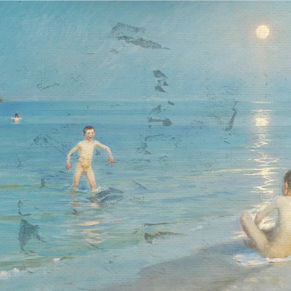 A serene painting depicting a child joyfully playing in the shallow waters at the beach, with a calm sea and bright sky featuring a full moon in the background.