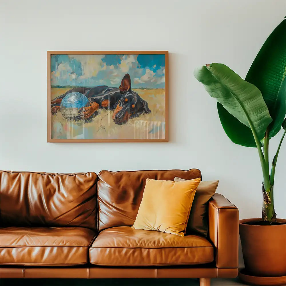 Modern reprint of a famous painting featuring a Doberman resting with a disco ball, displayed above a brown leather sofa in a stylish living room.