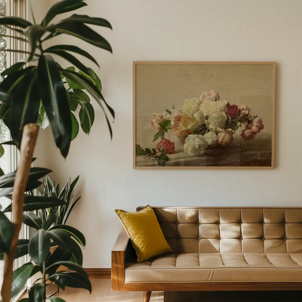 Painting of a bouquet of pastel roses framed on a wall above a modern sofa with a yellow cushion and indoor plants.