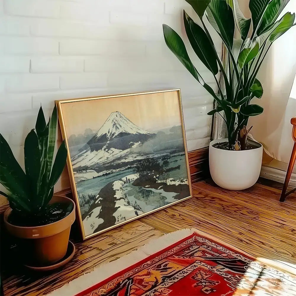 Framed landscape painting of a snowy mountain scene leaning against a wall, surrounded by houseplants and a patterned rug.