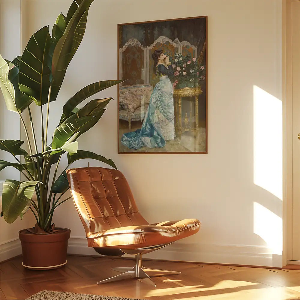 A vintage painting of a woman in a blue dress beside a flower arrangement, displayed on a wall in a bright room with a modern leather chair and a large leafy plant.