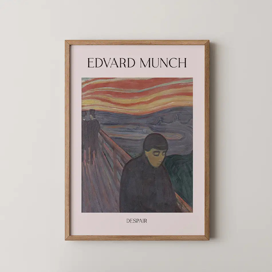 Framed poster of Edvard Munch's painting "Despair," featuring a somber figure in front of a colorful sunset over a landscape.