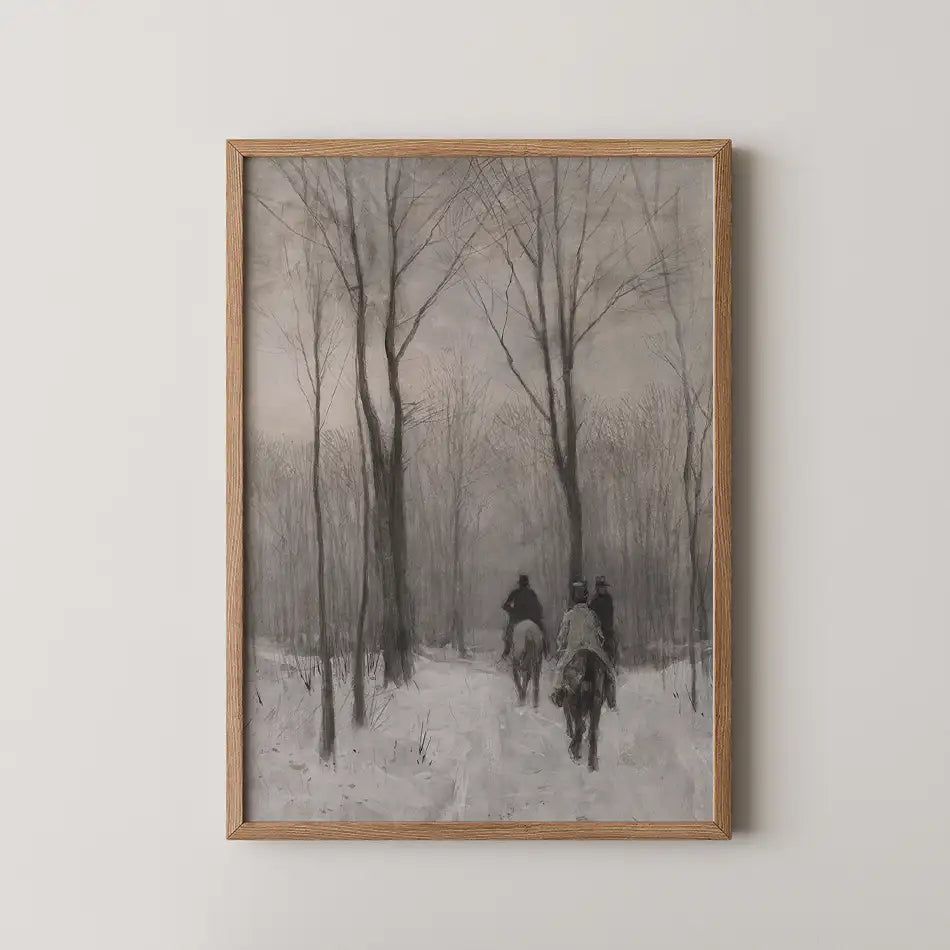 Painting of a winter landscape featuring three horseback riders on a snow-covered path surrounded by bare trees, framed in a light wood frame.