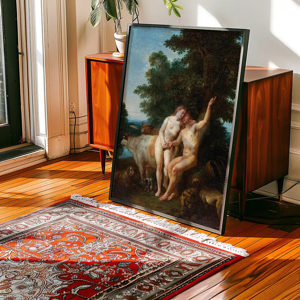 A framed painting featuring two figures in a natural landscape, displayed in a sunlit room with wooden flooring and a decorative rug.
