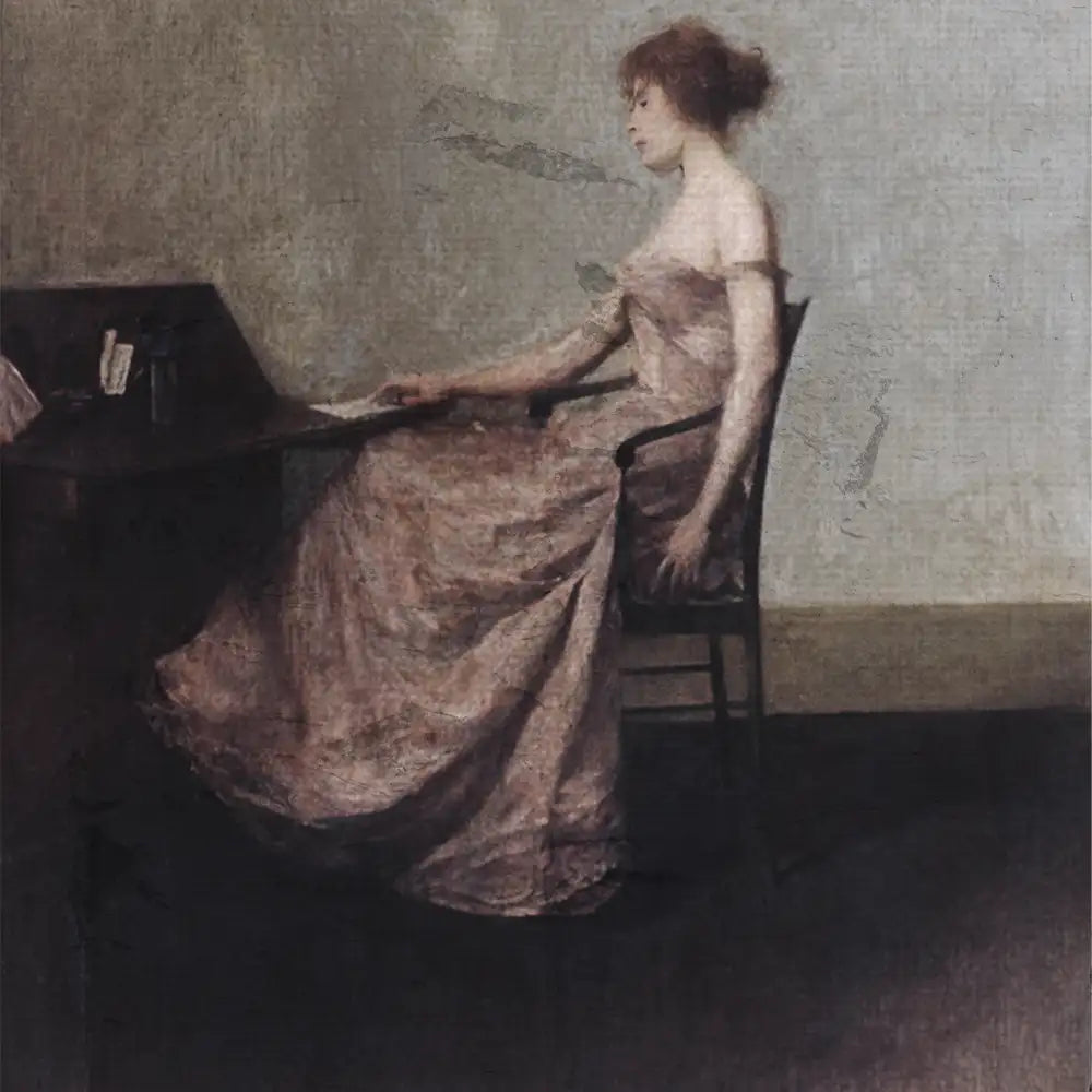 Portrait of a woman in a delicate pink dress sitting at a desk, gazing thoughtfully to the side against a muted background.
