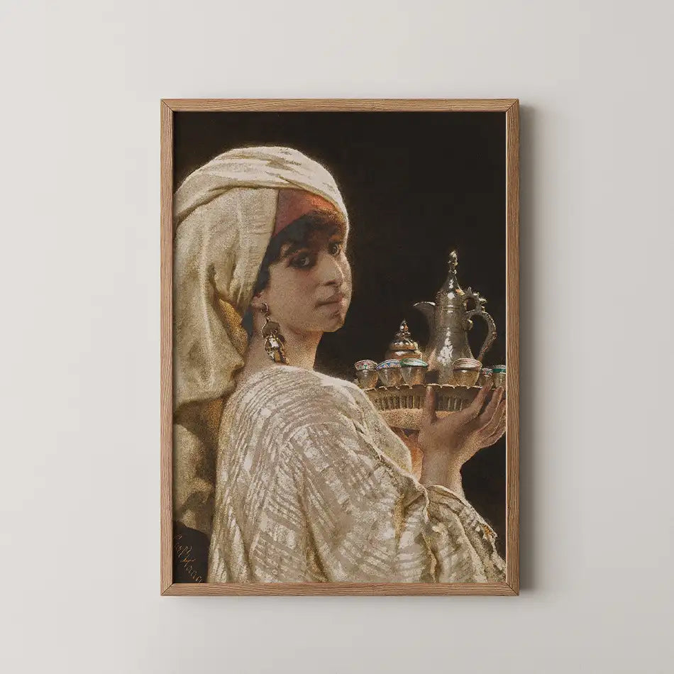 Portrait of a woman in traditional attire holding a decorative serving tray with a teapot and cups, housed in a wooden frame.