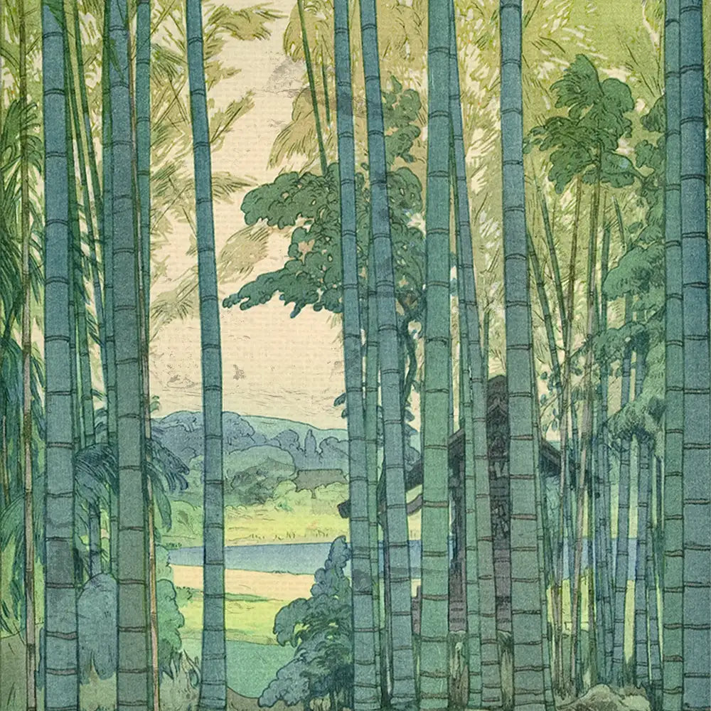 Bamboo forest painting with lush greenery and a small cabin in the background