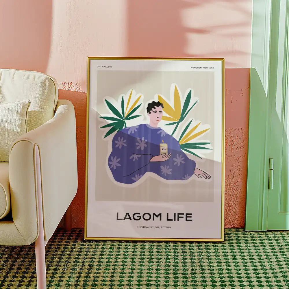 Modern minimalist poster featuring a figure surrounded by tropical leaves, titled "Lagom Life," perfect for contemporary home decor.
