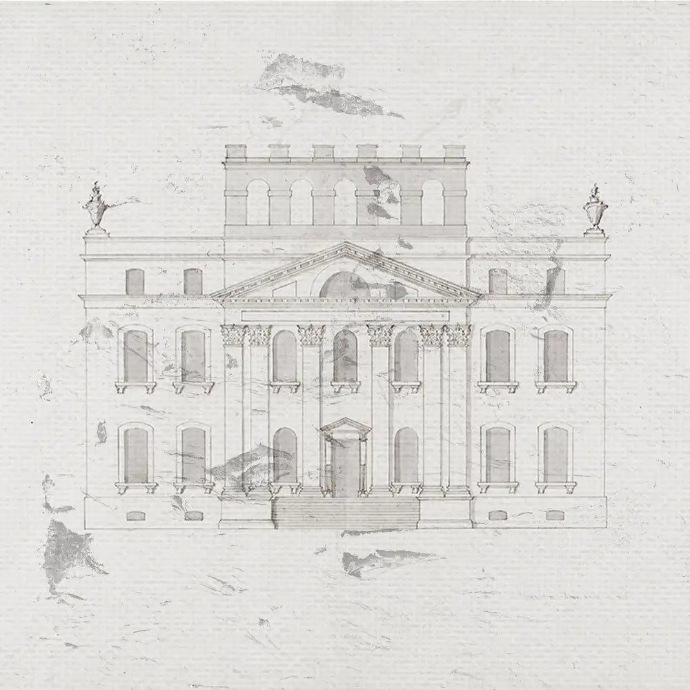 Architectural illustration of a classical building with detailed features on a textured background.