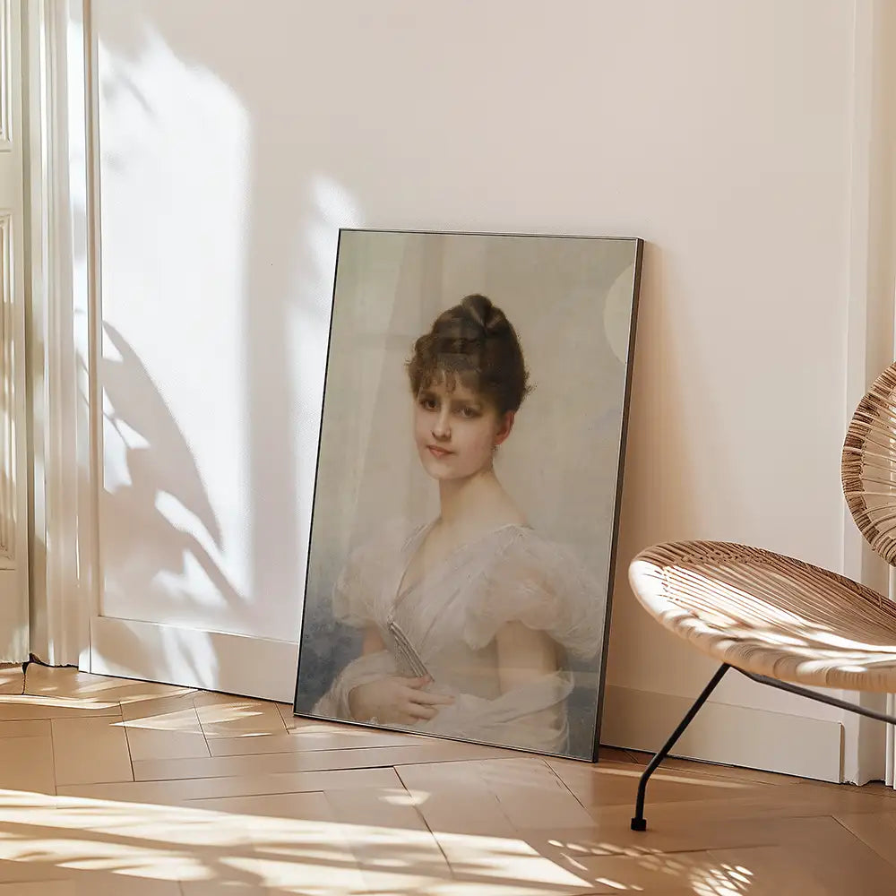 Portrait painting of a young woman in a white dress leaning against a wall, with soft natural lighting and a woven chair in the background.
