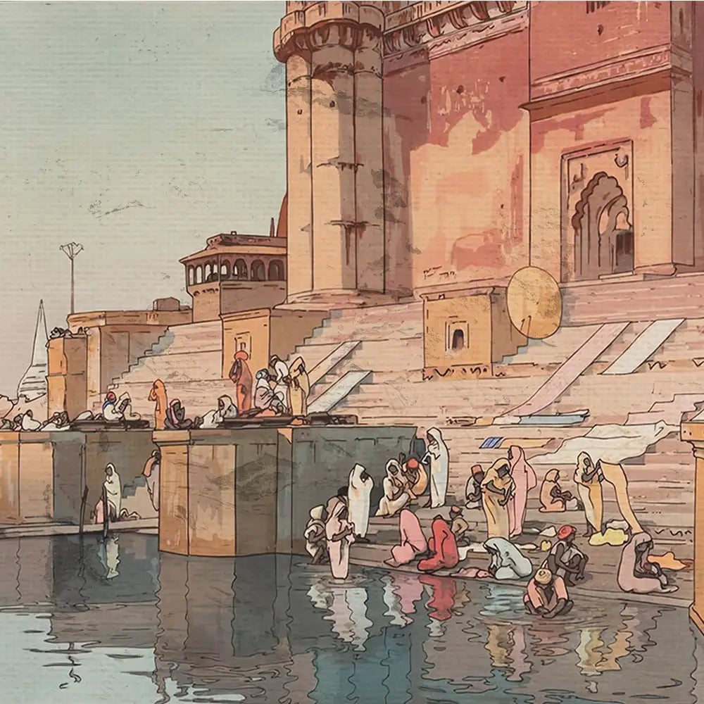 Illustration of a serene riverside scene featuring people bathing and performing rituals by a majestic historical building, with vibrant colors reflecting in the water.