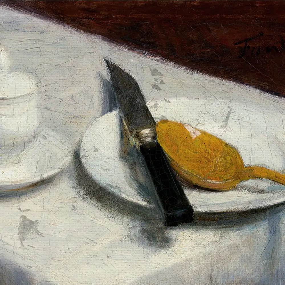 Painting of a knife and a yellow spoon on a white plate, with a cup in the background.