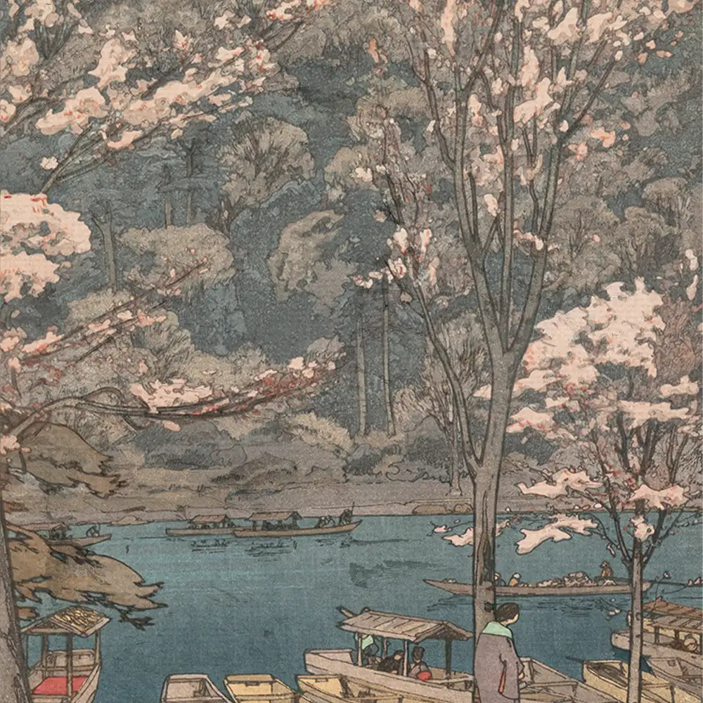 A serene landscape painting featuring cherry blossom trees, a calm river with boats, and a figure admiring the scenery.