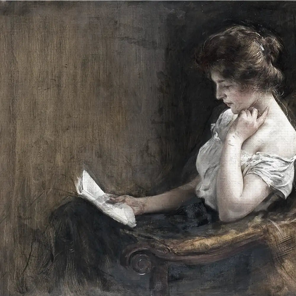 A classical painting of a woman sitting in a chair, absorbed in reading an open book, with soft, muted colors and a textured background.