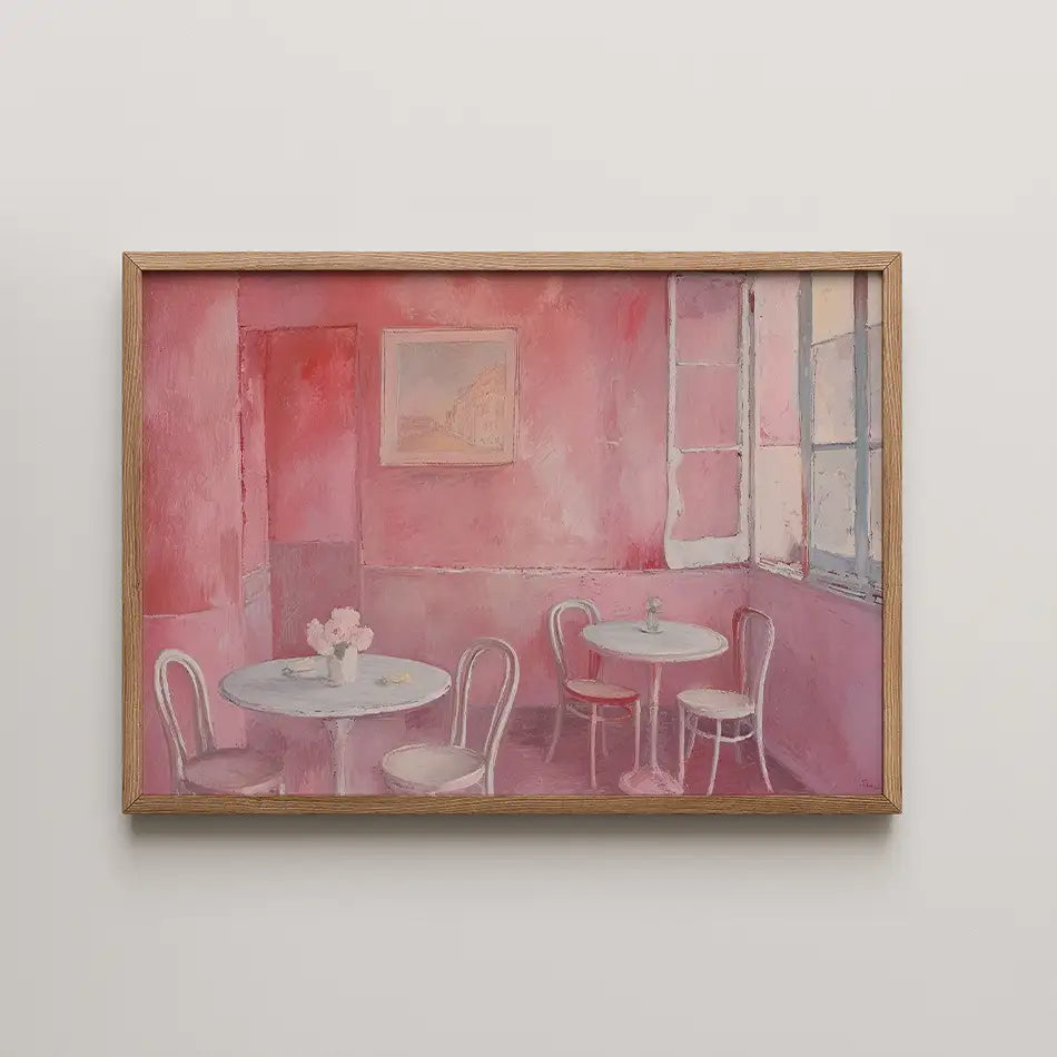 Modern art print of a charming café scene with warm pink hues, two round tables adorned with flowers, and large windows allowing natural light, perfect for adding a touch of elegance to your space."