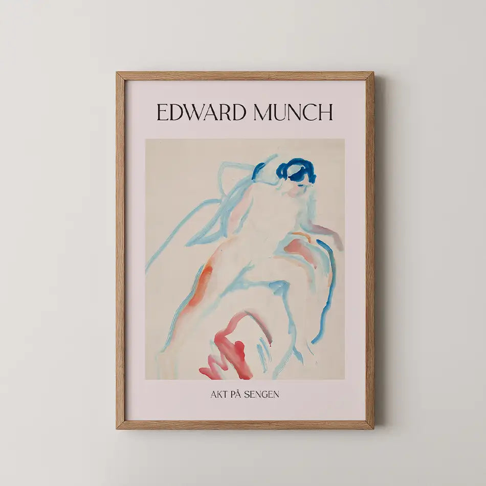 Framed art print titled "Akt På Sengen" by Edward Munch featuring an abstract nude figure in soft pastel colors on a light background.