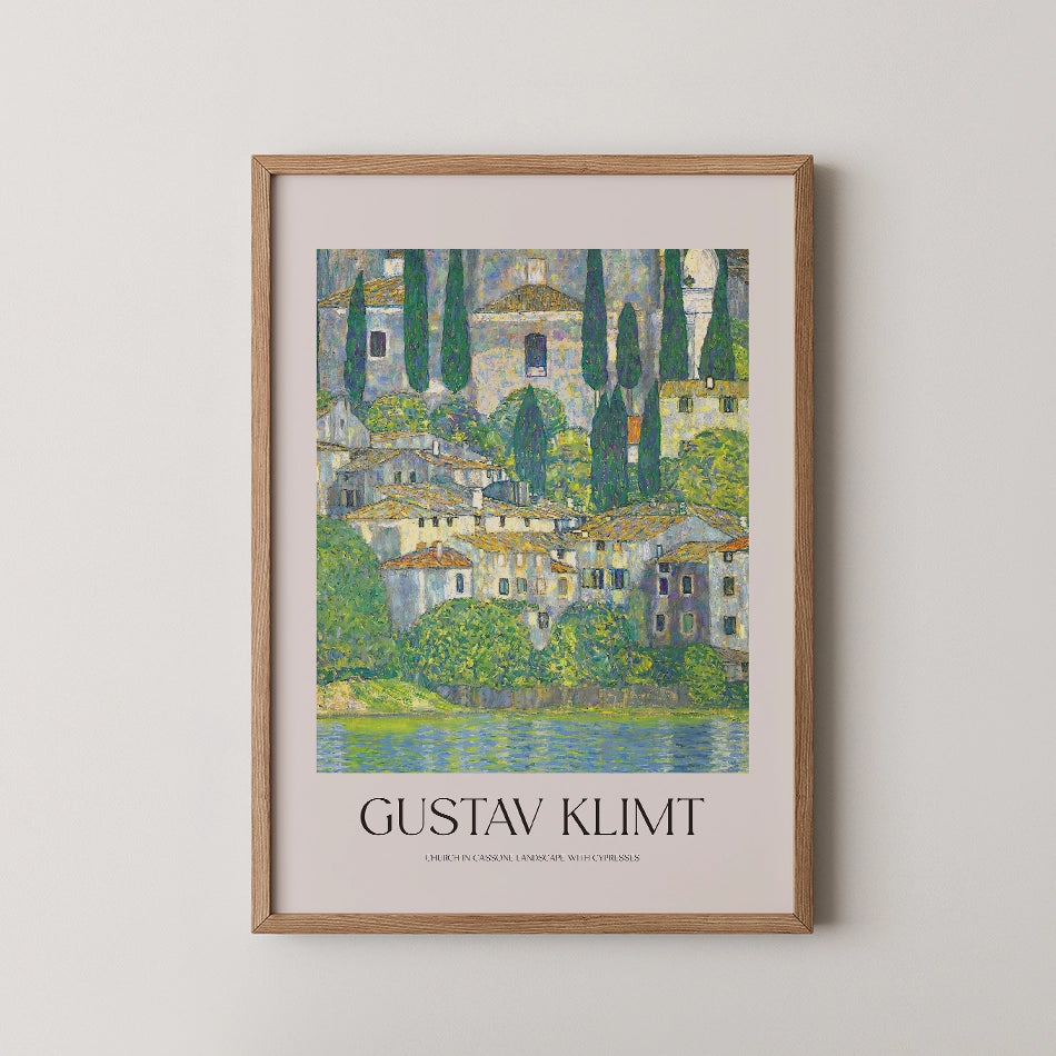 Framed painting poster by Gustav Klimt featuring a serene landscape with cypress trees and a reflective water surface.