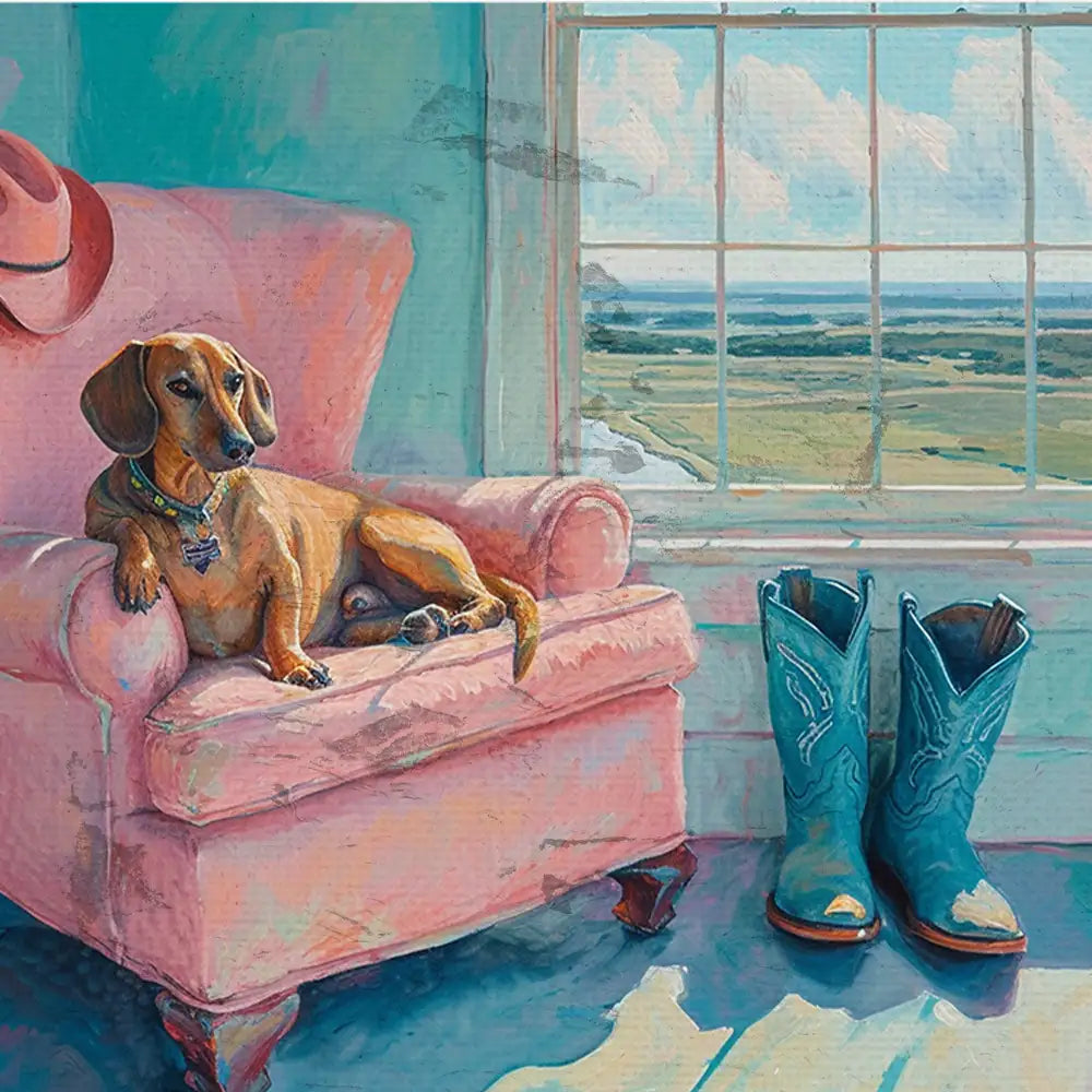 Dachshund lounging on a pink chair in a sunlit room with blue cowboy boots and a scenic view outside the window