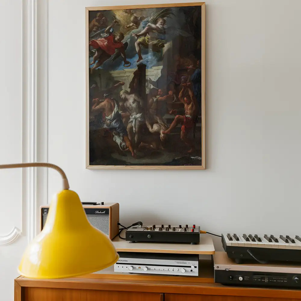 Framed painting depicting a dramatic scene with figures in dynamic poses, displayed on a wall above a modern side table featuring audio equipment and a yellow lamp.