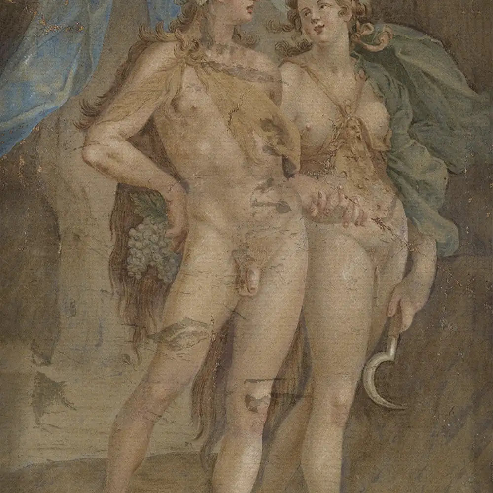 Two classical figures standing side by side, one draped partially in fabric and holding grapes, the other holding a sickle, with a textured background.