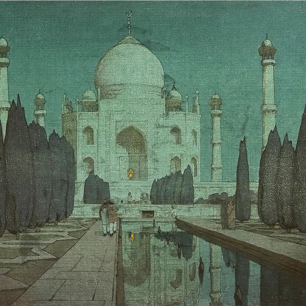 Artistic painting of the Taj Mahal surrounded by dark trees and a reflective pool, set against a teal sky.