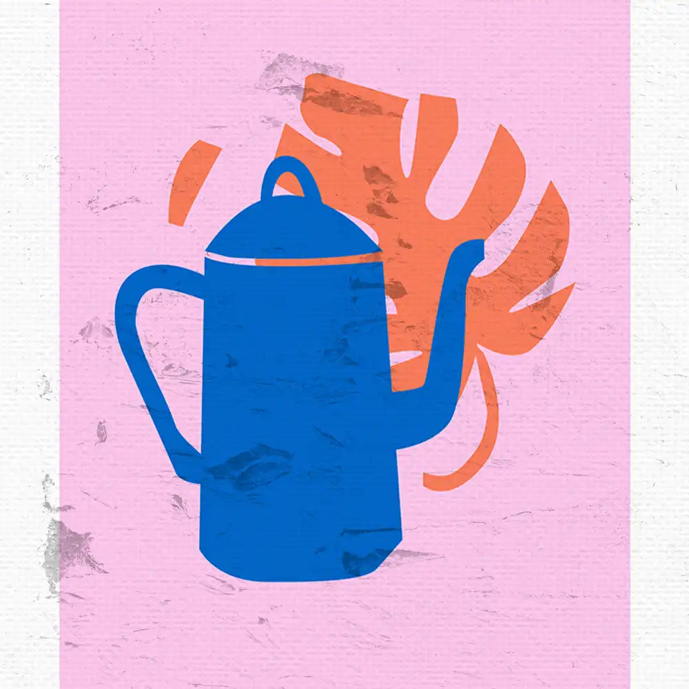 Modern art poster featuring a blue kettle silhouette against a pink background with abstract leaf design, perfect for contemporary home decor.