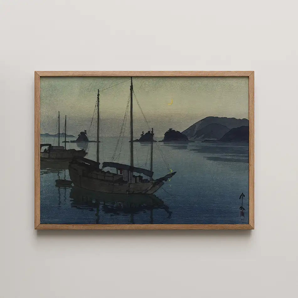 Framed painting of a serene landscape featuring boats on calm water at twilight, with hills and a crescent moon in the background.