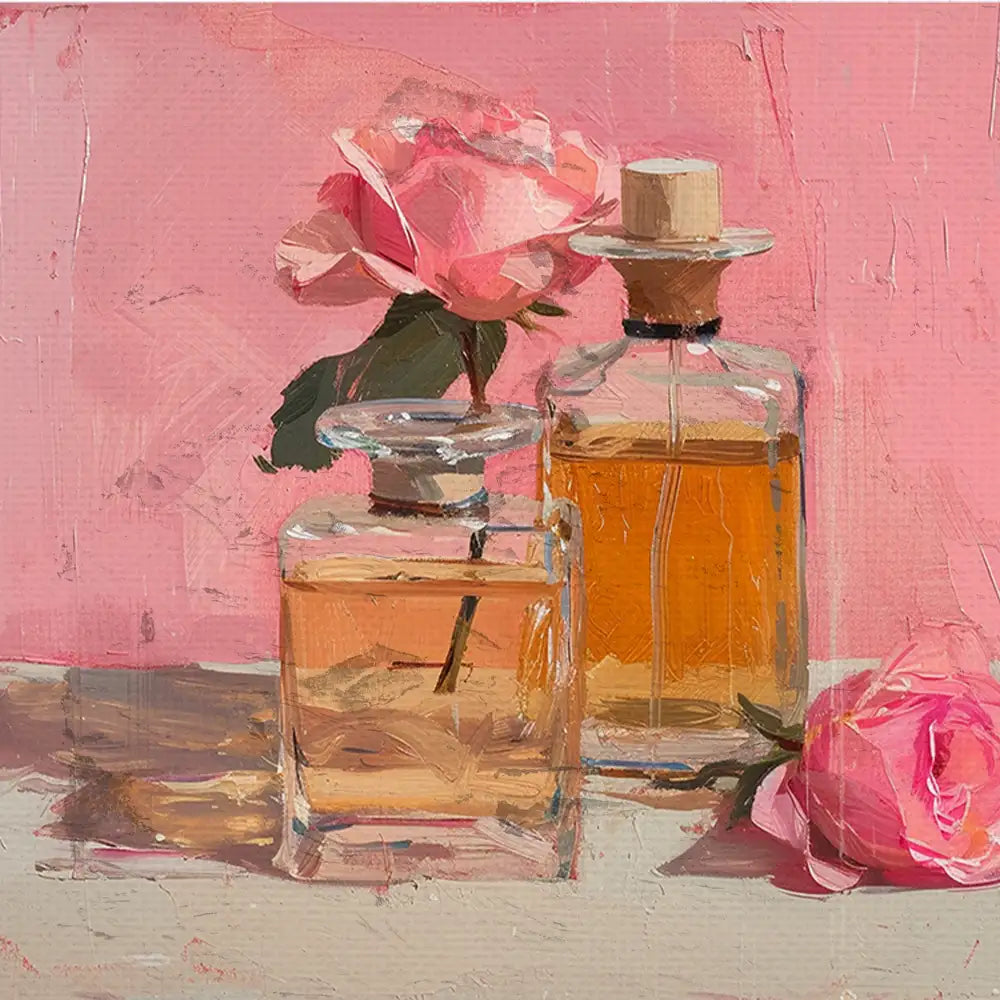 Modern art poster featuring two vintage glass perfume bottles with a pink rose against a soft pink background.