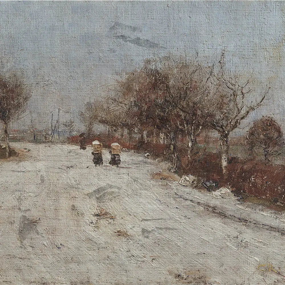 Painting of a rural road lined with bare trees, featuring two figures with baskets on bicycles traveling away from the viewer under a cloudy sky.
