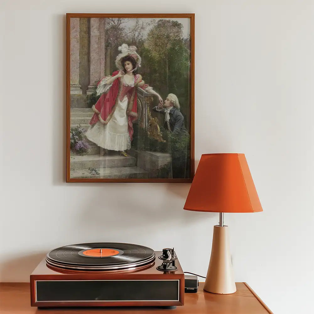Victorian-style painting of a woman in a red and white dress interacting with a man, framed above a wooden record player and an orange lamp.