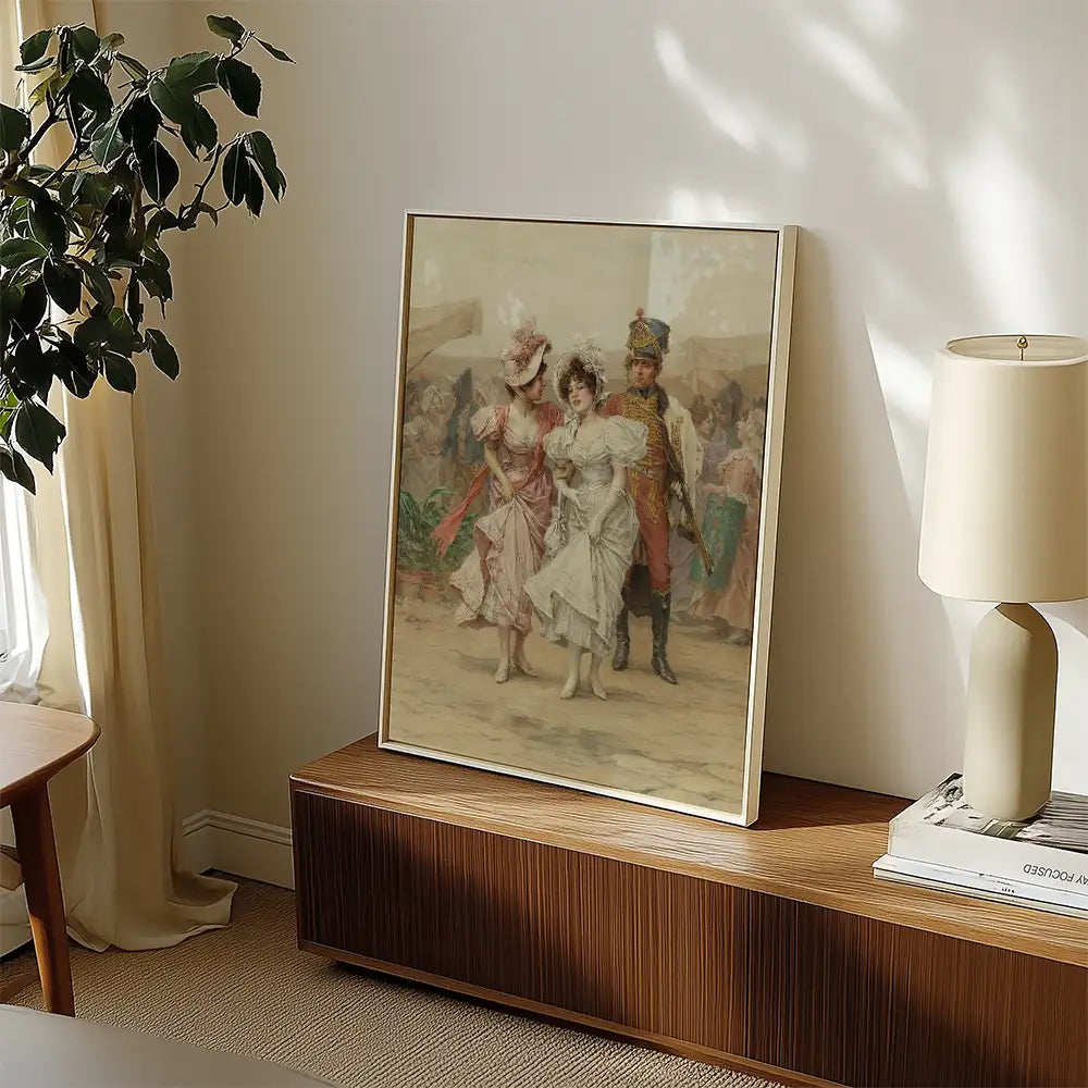 Framed painting featuring three elegantly dressed figures in light-colored attire with a historical background, displayed in a modern living space.