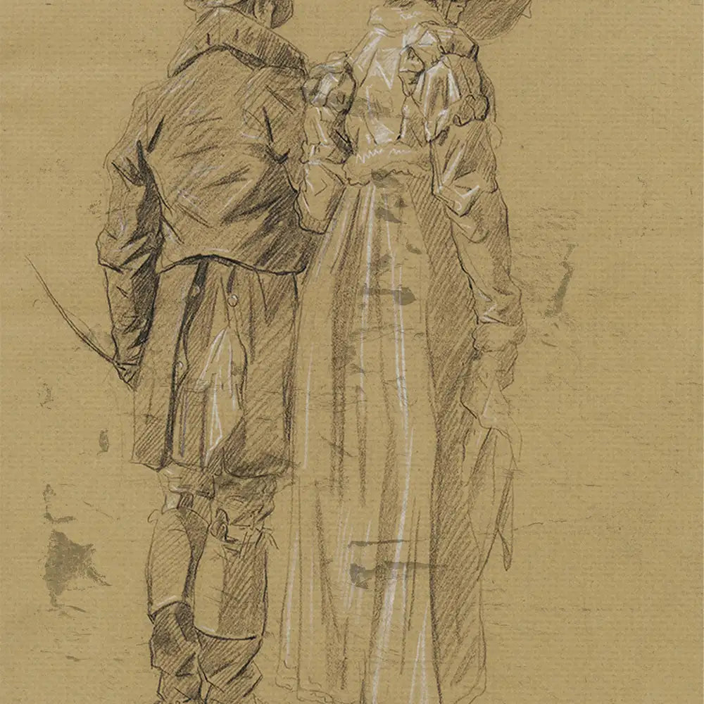 Sketch of a couple standing closely together, viewed from behind, with a vintage aesthetic on textured paper.