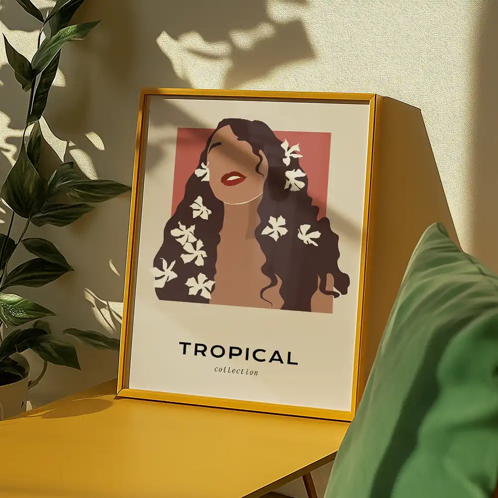 Modern tropical art print featuring a woman with curly hair adorned with white flowers, framed and positioned on a yellow side table with a green couch.