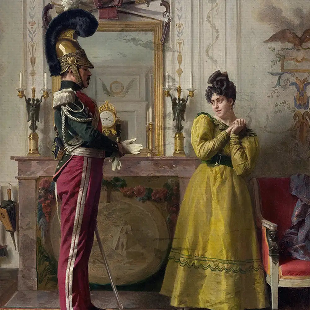 A soldier in military uniform stands before a woman in a yellow dress, with a decorative interior featuring a mirror, candelabras, and a clock.