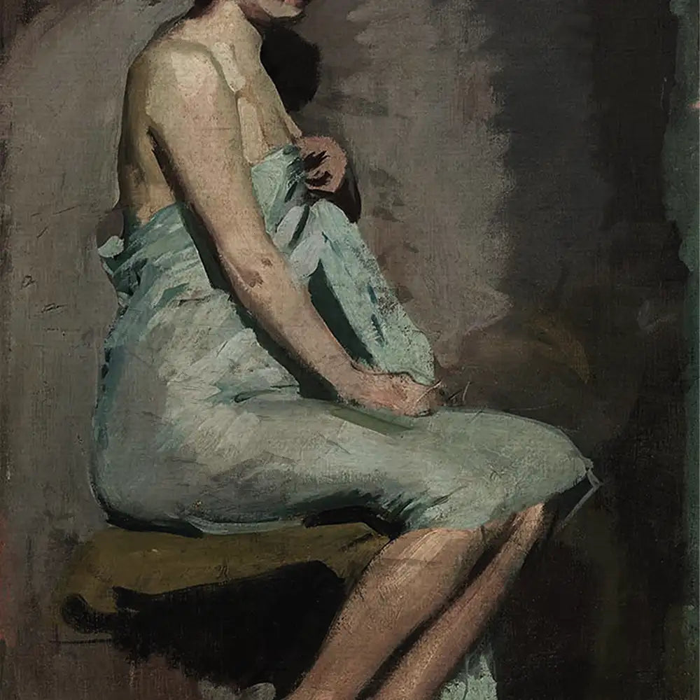 A seated woman draped in a pale blue fabric, gazing thoughtfully, against a muted background.