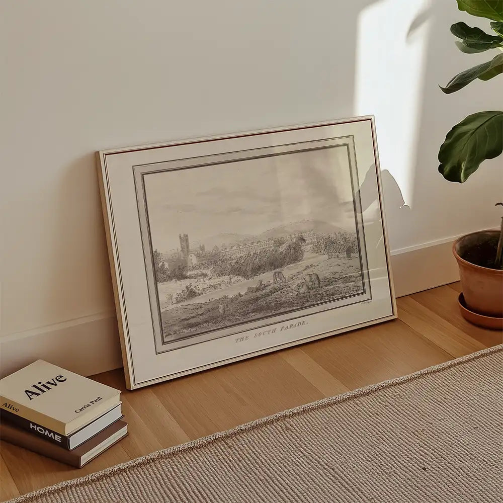 Framed landscape painting titled "The South Parade" propped against a wall with books and a potted plant nearby.