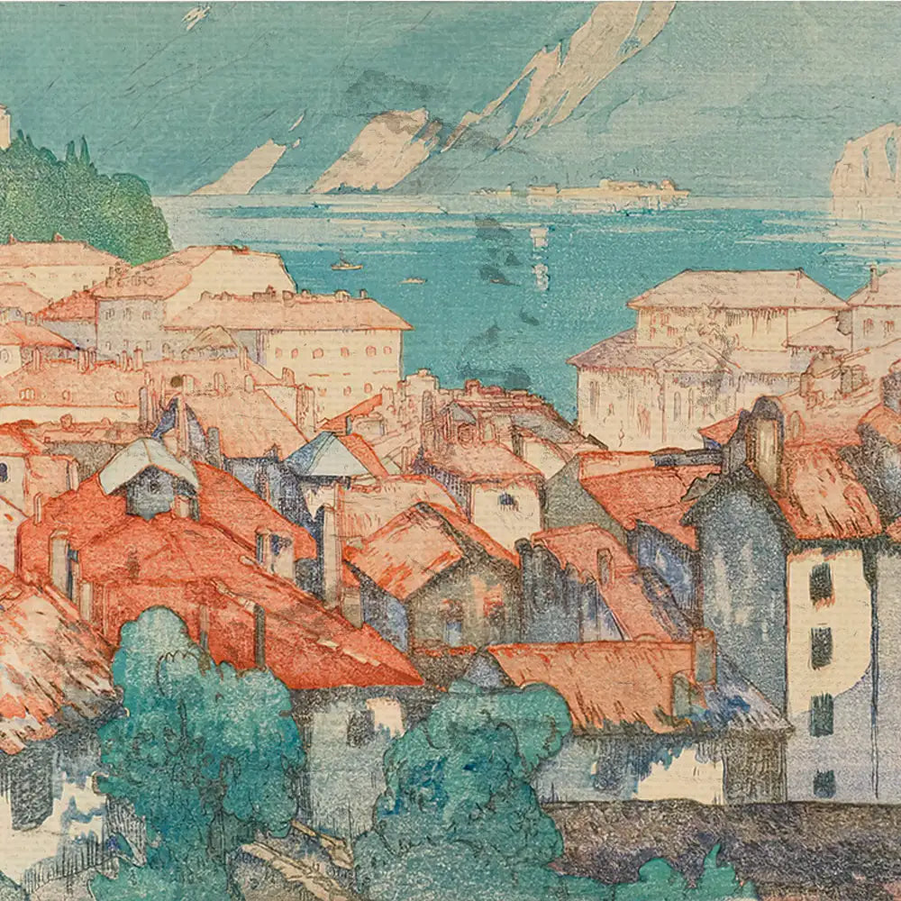 A scenic artwork depicting a coastal town with colorful rooftops and blue sea, set against mountains in the background.