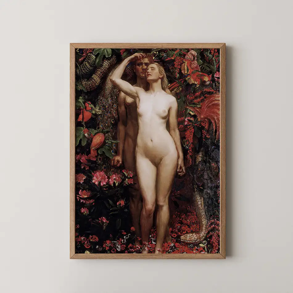 A captivating painting featuring a nude couple intertwined among vibrant floral and tropical foliage, framed elegantly.