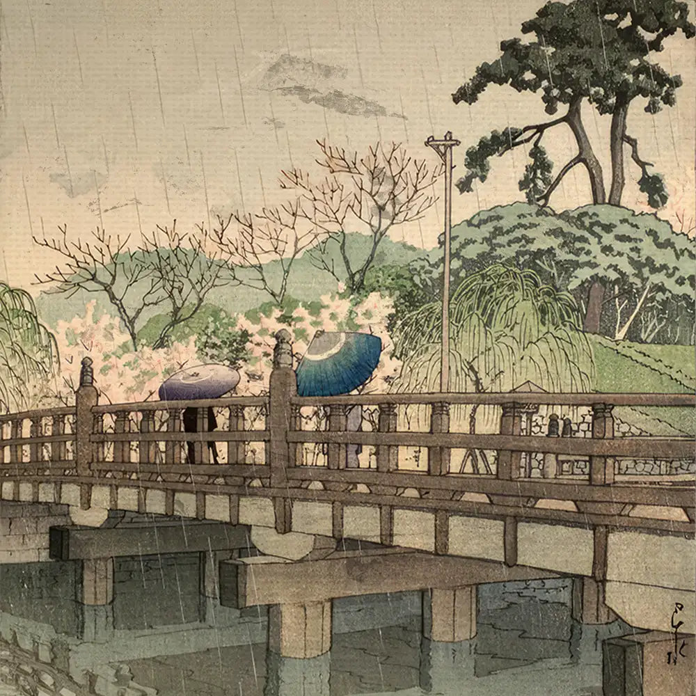 A serene landscape painting depicting a wooden bridge over a waterway, with figures holding umbrellas and surrounded by blooming trees and greenery in a soft rain.