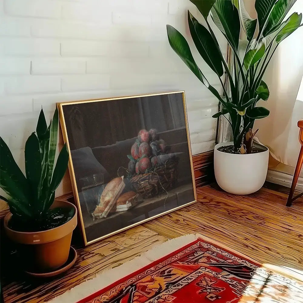 A framed painting of a still life featuring fruit and bread, displayed in a cozy interior setting with potted plants.