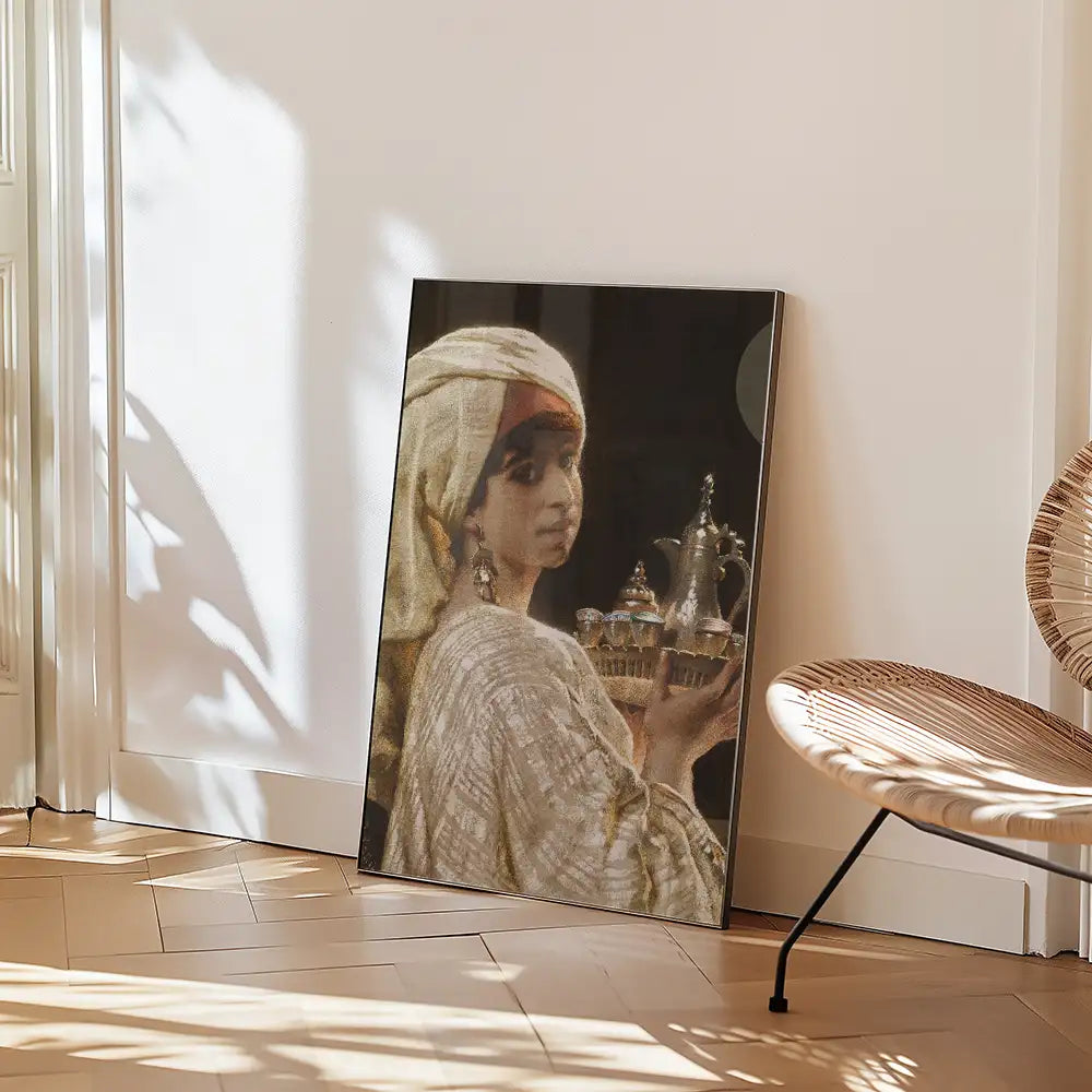 A portrait painting of a girl in traditional attire holding a teapot, displayed against a softly lit wall in a modern interior setting.