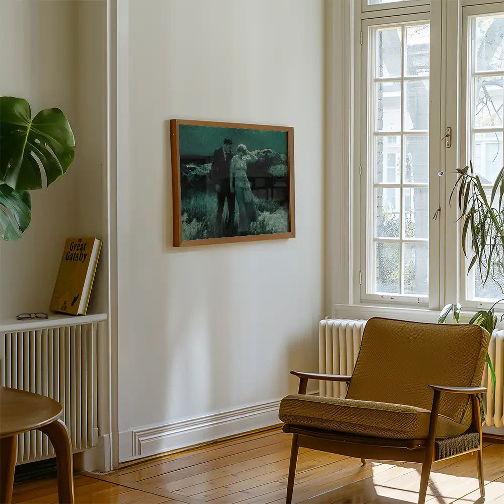 Framed painting of a couple standing in a landscape, displayed on a white wall in a modern living room with wooden flooring and a mid-century armchair.