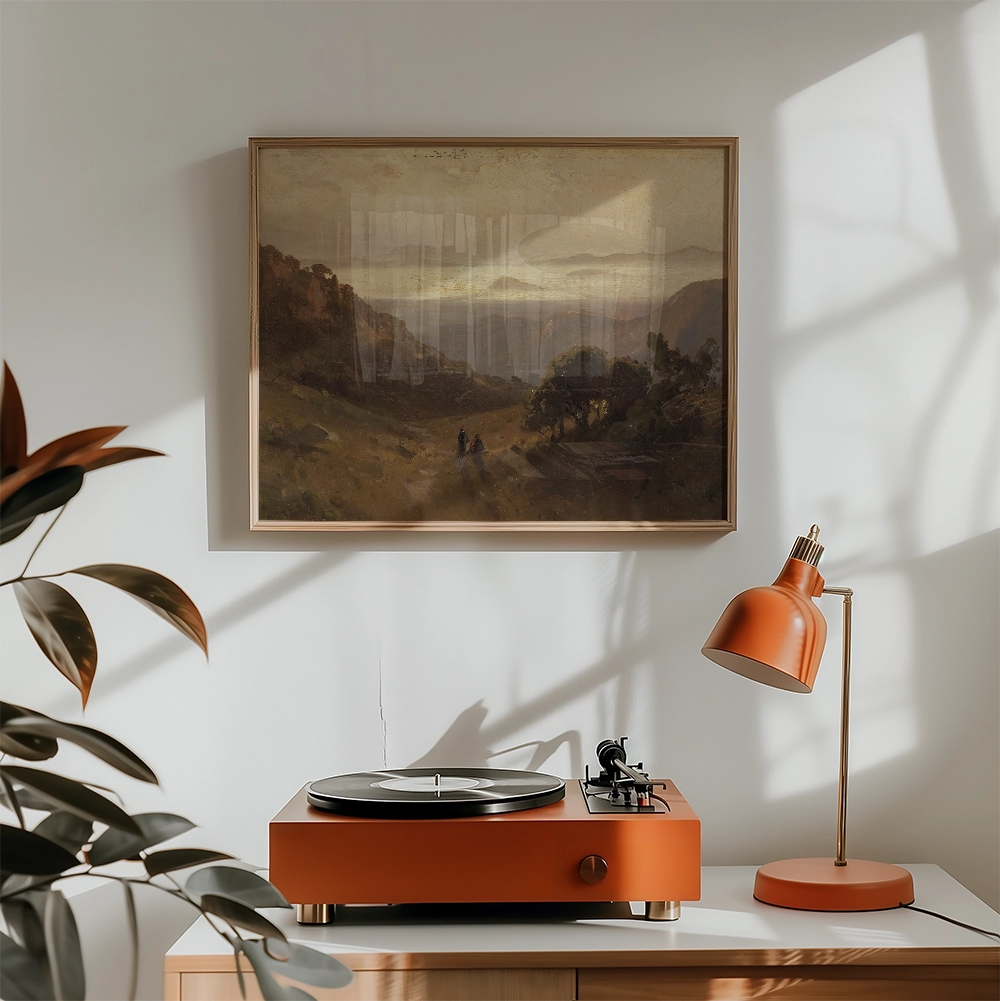 A cozy home interior featuring an orange turntable, a matching desk lamp, and a classic landscape painting in a wooden frame on the wall.