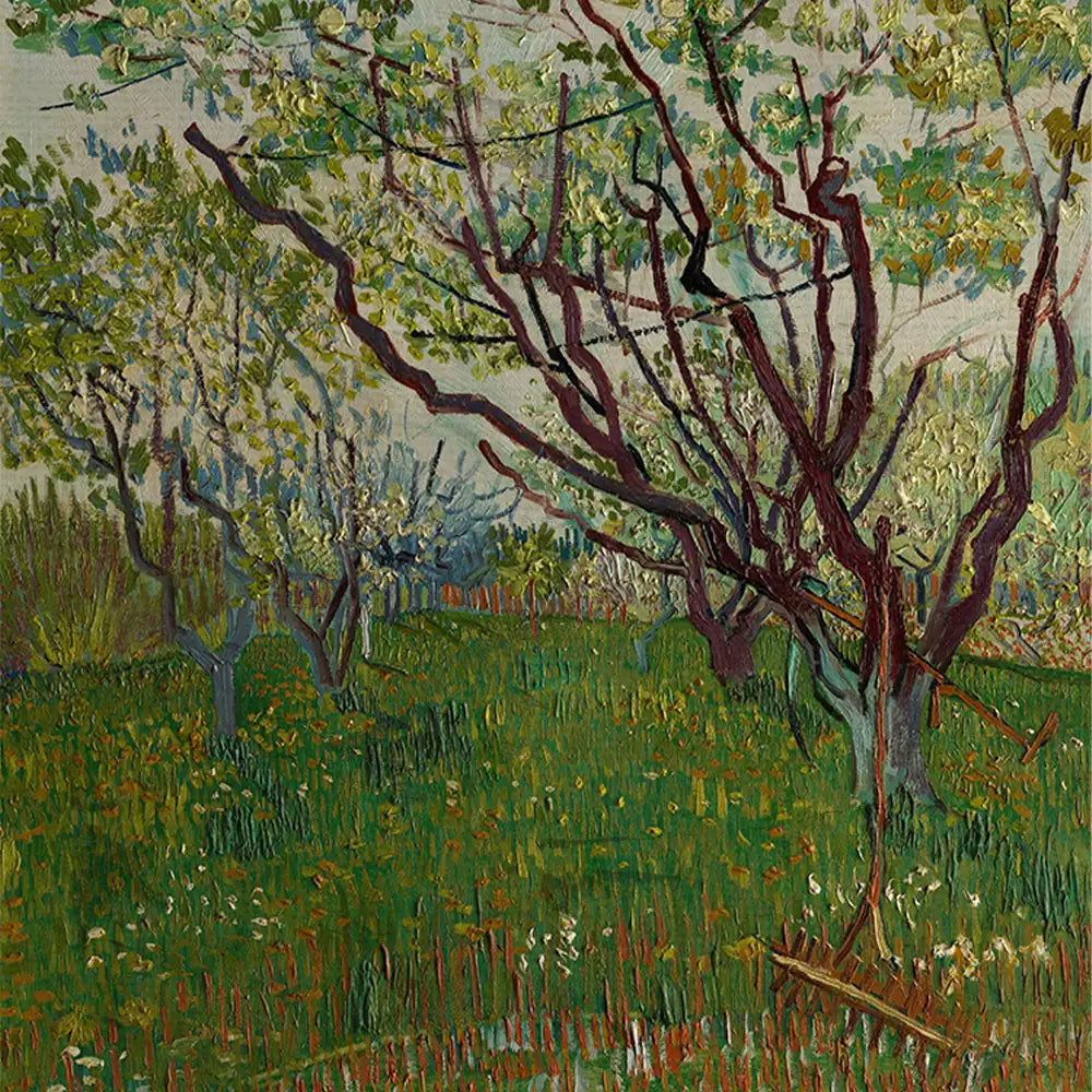 Vincent van Gogh painting depicting a lush green landscape with fruit trees and a blue sky, showcasing vibrant colors and expressive brushstrokes.