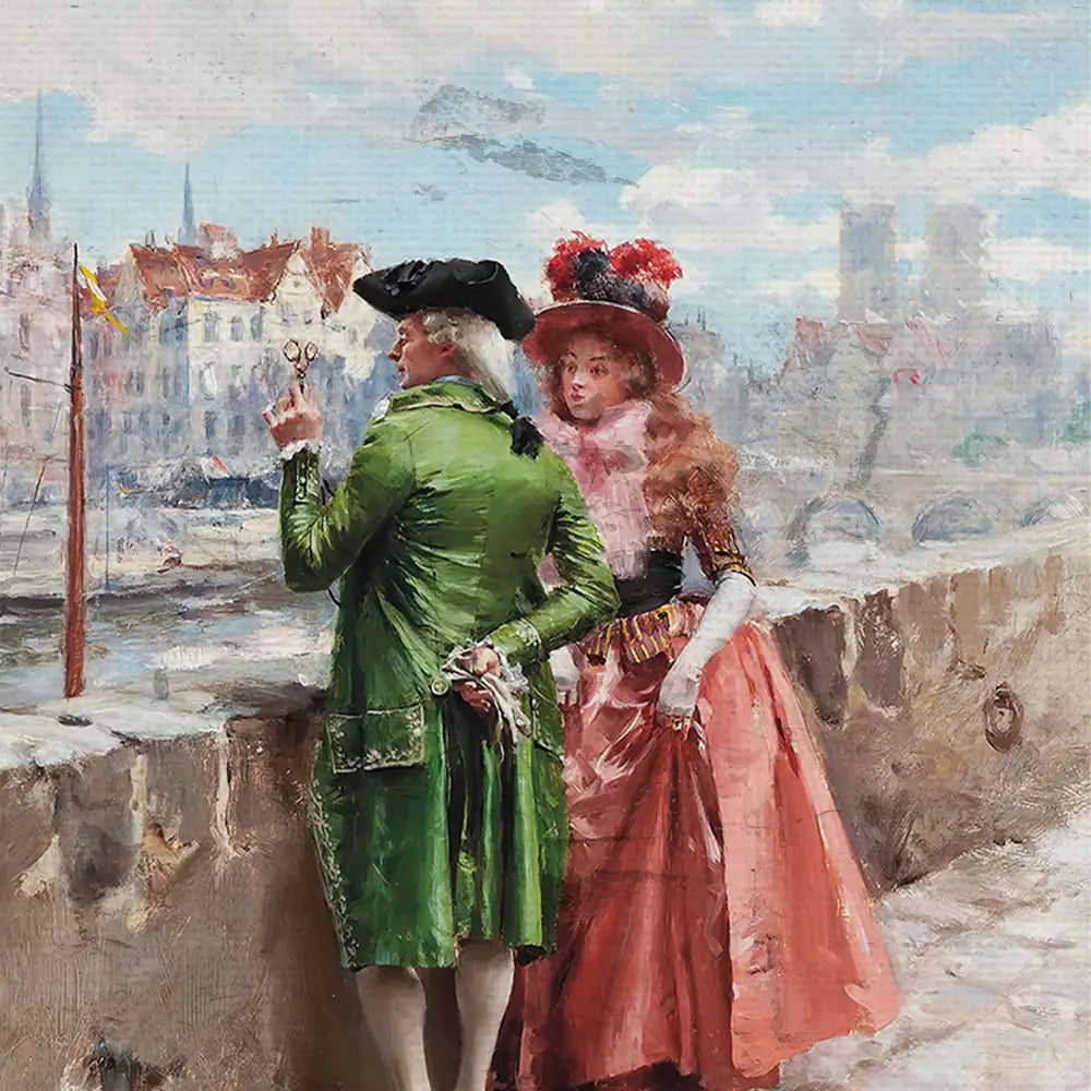 Oil painting depicting a man in a green coat and a woman in a pink dress standing by a waterfront with buildings and a bridge in the background.