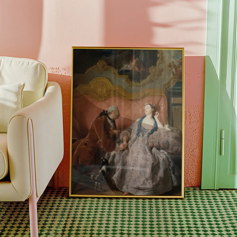 Framed vintage painting of a woman in elegant attire sitting while a man speaks to her, displayed against a pastel background with a modern green door and a light-colored sofa.